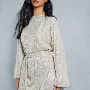 Womens Sequin Belted Long Sleeve Swing Mini Dress - nude - 6, Nude