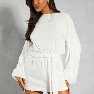 Womens Sequin Belted Long Sleeve Swing Mini Dress - white - 14, White