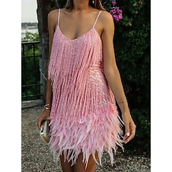 Women's Sequin Dress Fringe Dress Party Dress Sequins Tassel Fringe Spaghetti Strap Sleeveless Mini Dress Wedding Guest Cocktail Party White Pink Summer Spring