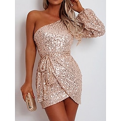 Women's Sequin Dress Party Dress Cocktail Dress Sequins Drawstring One Shoulder Long Sleeve Mini Dress Valentine's Day Wedding Guest Beige Summer Spring