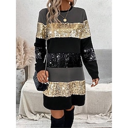 Women's Sequin Dress Party Dress Cocktail Dress Sequins Patchwork Crew Neck Long Sleeve Striped Mini Dress Wedding Guest Cocktail Party Formal Pink Gold Spring Fall