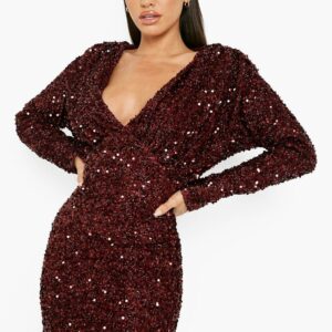 Womens Sequin Kimono Sleeve Plunge Mini Party Dress - Red - 14, Red