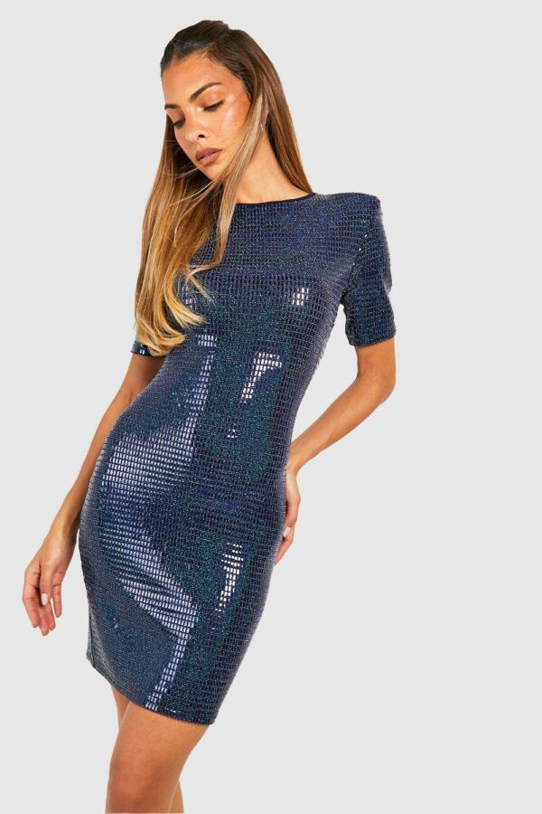 Womens Sequin Shoulder Pad T-Shirt Dress - Blue - 8, Blue