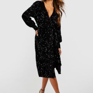 Womens Sequin Wrap Belted Midi Party Dress - Black - 8, Black