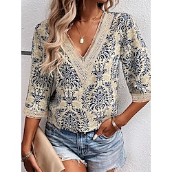 Women's Shirt Blouse Lace Trim Daily Stylish Casual 3/4 Length Sleeve V Neck Navy Blue Summer Spring