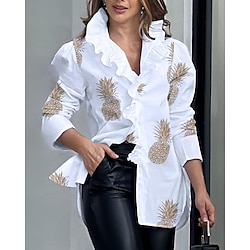 Women's Shirt Blouse Letter Ruffle Print Work Daily Long Sleeve V Neck White Spring Fall