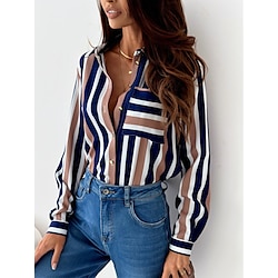 Women's Shirt Blouse Striped Button Pocket Print Work Fashion Long Sleeve Shirt Collar Red Spring Fall