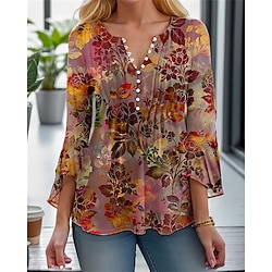 Women's Shirt Henley Shirt Blouse Floral Button Print Casual Holiday Fashion 3/4 Length Sleeve Round Neck Red Spring Fall