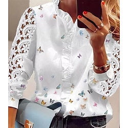 Women's Shirt Lace Shirt Blouse Eyelet top Butterfly Ruffle Mesh Button Work Casual Daily Elegant Streetwear Casual Long Sleeve V Neck White Spring Fall