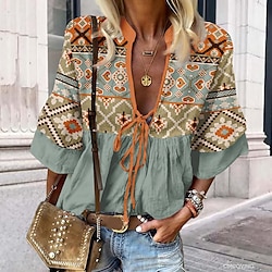 Women's Shirt Lace Shirt Blouse Lace up Print Casual Holiday Ethnic 3/4 Length Sleeve V Neck Pink Spring Fall