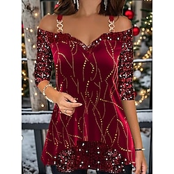 Women's Shirt T shirt Tee Blouse Christmas Shirt Velvet Striped Sparkly Sequins Print Party Christmas Weekend Festival / Holiday Cold Shoulder Long Sleeve V Neck Wine Spring Fall