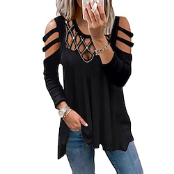 Women's Shirt Tunic Going Out Tops Blouse Cotton Cut Out Daily Weekend Streetwear Casual Cold Shoulder Long Sleeve Round Neck Black Spring Fall