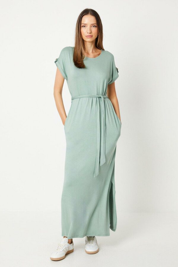 Womens Short Sleeve Belted Maxi Dress