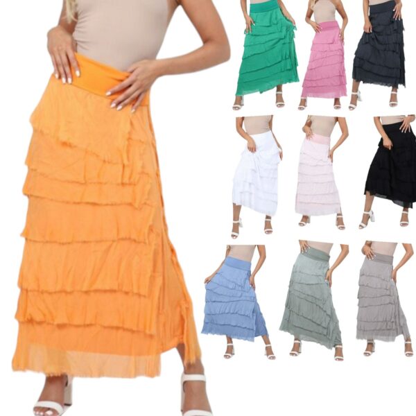 Women's Silk Shredded Skirt Dress Ladies Long Italian Layered Ruffle Frill Tiered Hight Waist Maxi Summer Holiday Beach Resort Party