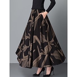 Women's Skirt A Line Maxi High Waist Skirts Pleated Pocket Print Floral Office / Career Street Winter Polyester Fashion Casual Black Yellow Red