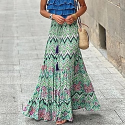 Women's Skirt A Line Swing Bohemia Maxi High Waist Skirts Floral Print Geometric Color Block Street Vacation Summer Polyester Casual Boho Green