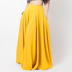 Women's Skirt A Line Swing Long Skirt Maxi High Waist Skirts Pleated Pocket Solid Colored Street Daily Spring Summer Polyester Fashion Casual Black Yellow Red