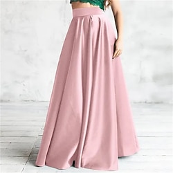 Women's Skirt A Line Swing Long Skirt Maxi High Waist Skirts Ruched Solid Colored Party Street Winter Polyester Elegant Fashion Pink Red Green