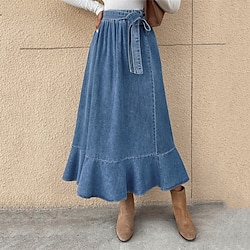 Women's Skirt A Line Swing Maxi High Waist Skirts Ruffle Solid Colored Street Daily Winter Denim Fashion Casual Blue