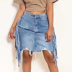 Women's Skirt Denim Midi Skirt Mini High Waist Skirts Tassel Fringe Pocket Ripped Solid Colored Street Going out Summer Denim Fashion Casual Blue