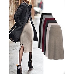 Women's Skirt Pencil Work Skirts Midi Skirts Split Knitting Solid Colored Office / Career Street Autumn / Fall Woolen Fashion Basic Casual caramel Black Wine khaki