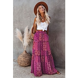 Women's Skirt Swing Long Skirt Bohemia Maxi Skirts Ruffle Print Floral Graphic Holiday Casual Daily Spring Fall Polyester Fashion Gopi Dress coastalgrandmastyle Boho Red Blue Purple Orange