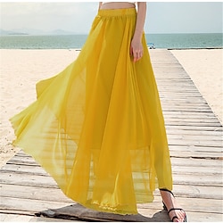 Women's Skirt Swing Long Skirt Maxi Skirts Layered Solid Colored Casual Daily Beach Summer Chiffon Polyester Fashion Summer Black White Yellow Pink