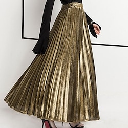 Women's Skirt Swing Long Skirt Maxi Skirts Pleated Shiny Metallic Shimmery Solid Colored Casual Daily Fall Winter Polyester Gold Velvet Fashion Summer Silver Gold