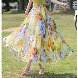 Women's Skirt Swing Long Skirt Maxi Skirts Ruffle Print Floral Holiday Vacation Summer Chiffon Fashion Boho Long Summer Yellow Light Green Wine Red