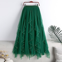 Women's Skirt Swing Long Skirt Midi Skirts Beaded Layered Tulle Solid Colored Party Daily Autumn / Fall Polyester Elegant Long Summer Black White Pink Brown