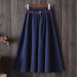 Women's Skirt Swing Long Skirt Midi Skirts Pleated Solid Colored Office / Career Going out Summer Polyester Streetwear Summer Yellow Red Navy Blue Blue