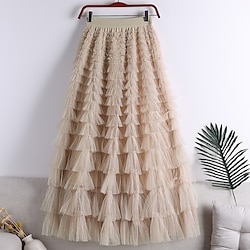 Women's Skirt Tutu Long Skirt Maxi Skirts Pleated Patchwork Layered Solid Colored Party Halloween Spring Fall Polyester Long Princess Summer Black White Light Green Pink