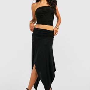 Womens Slinky Ruched Hanky Hem Midi Skirt - Black - 10, Black