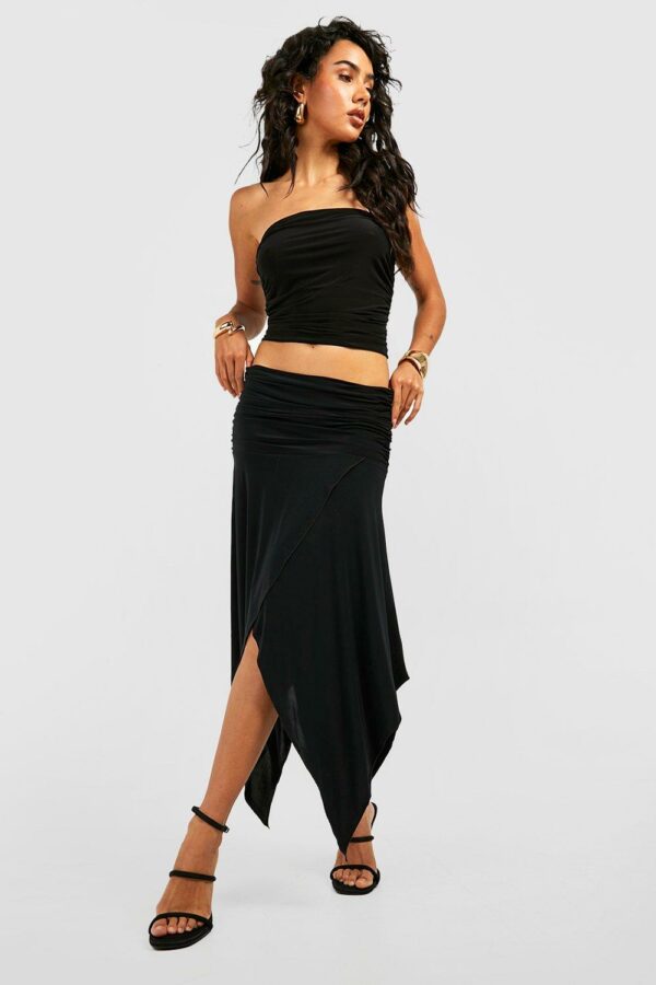 Womens Slinky Ruched Hanky Hem Midi Skirt - Black - 10, Black