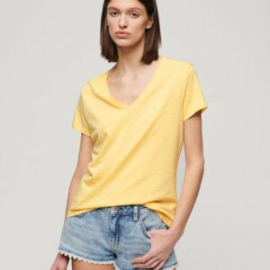 Women's Slub Embroidered V-Neck T-Shirt Yellow / Pale Yellow - Size: 14