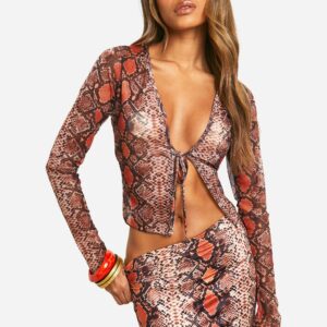 Womens Snake Print Tie Front Mesh Top - Orange - 12, Orange