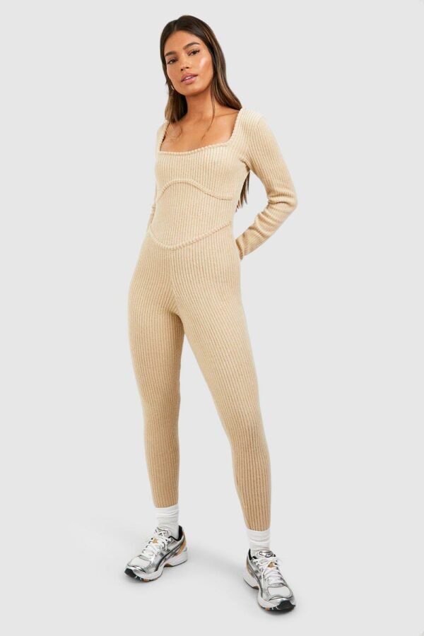 Womens Soft Brushed Rib Seam Unitard - Beige - 8, Beige