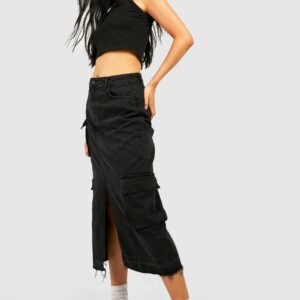 Womens Split Front Cargo Pocket Denim Midaxi Skirt - Black - Xs, Black