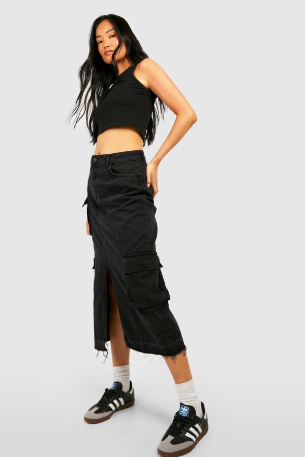 Womens Split Front Cargo Pocket Denim Midaxi Skirt - Black - Xs, Black