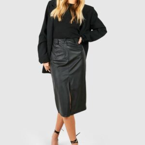 Womens Split Front Faux Leather Midi Skirt - Black - 6, Black