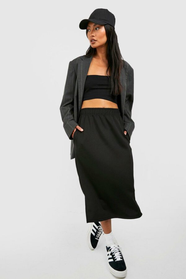 Womens Split Hem Tricot Midi Skirt - Black - 6, Black