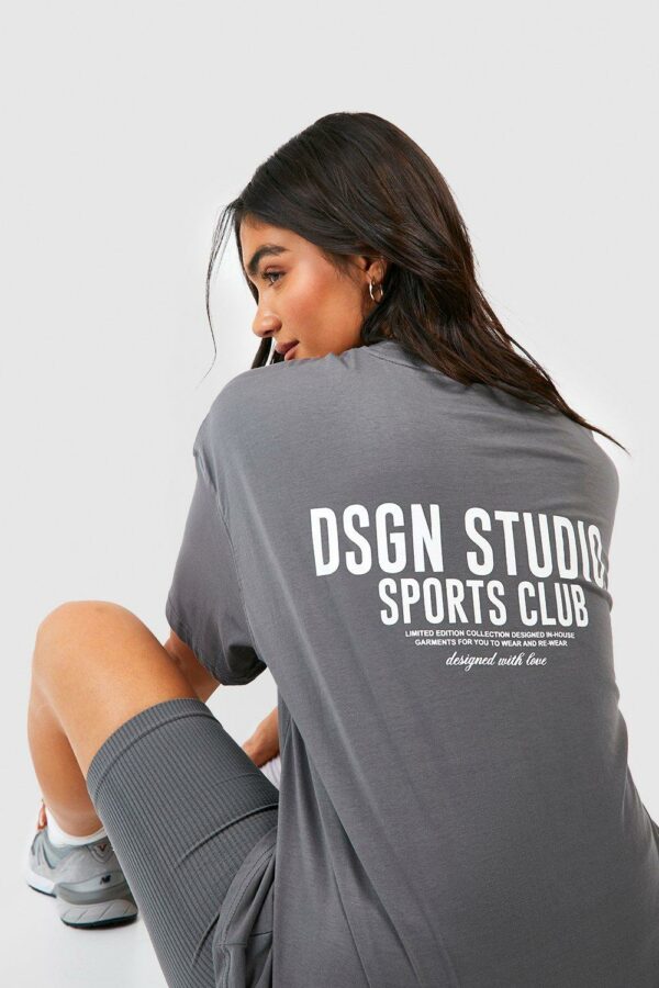 Womens Sports Club Slogan Oversized T-Shirt - Grey - S, Grey