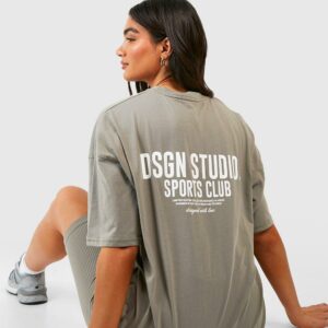 Womens Sports Club Slogan Oversized T-Shirt - Washed Khaki - S, Washed Khaki