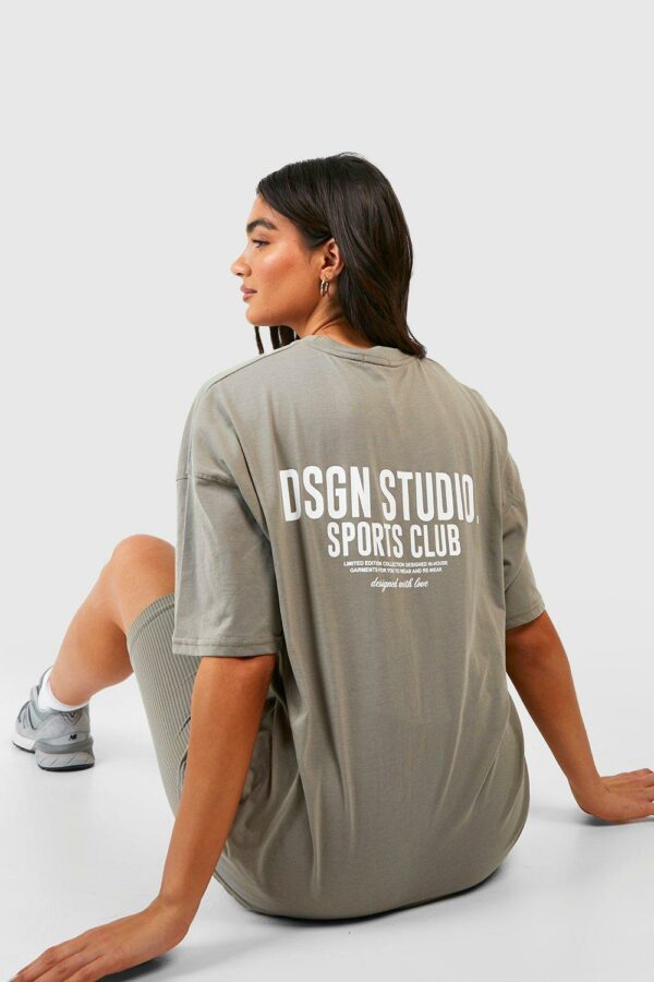 Womens Sports Club Slogan Oversized T-Shirt - Washed Khaki - S, Washed Khaki