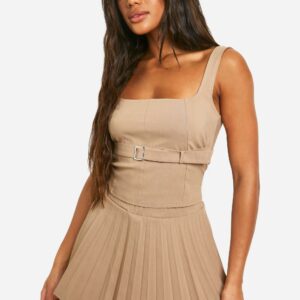 Womens Square Neck Longline Top & Pleated Mini Skirt - Beige - 12, Beige