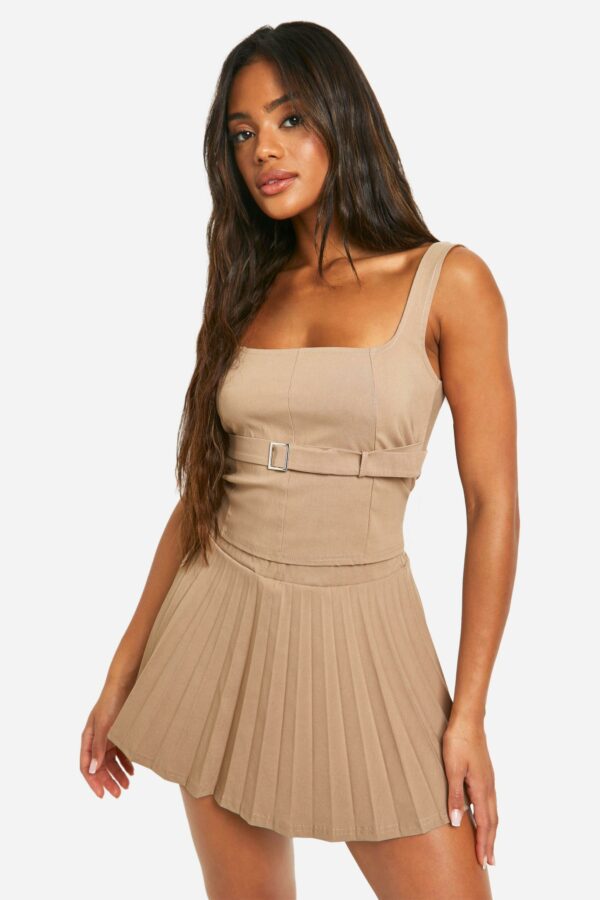 Womens Square Neck Longline Top & Pleated Mini Skirt - Beige - 6, Beige