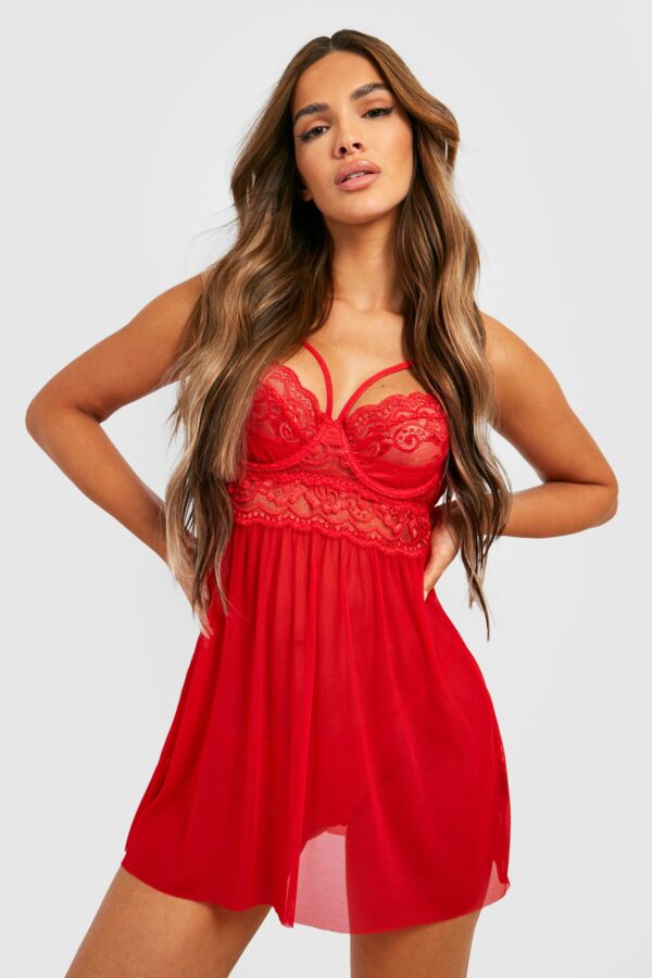 Womens Strapping Lace Babydoll And String Set - Red - S, Red