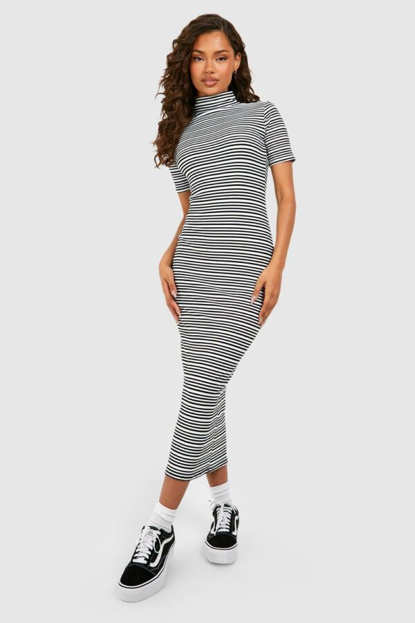 Womens Stripe Bandage High Neck Midaxi Dress - Black - 8, Black