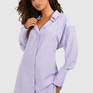 Womens Stripe Cinched Waist Shoulder Pad Shirt Dress - Purple - 8, Purple