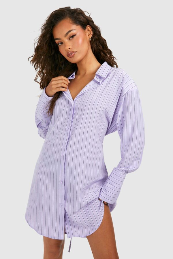 Womens Stripe Cinched Waist Shoulder Pad Shirt Dress - Purple - 8, Purple